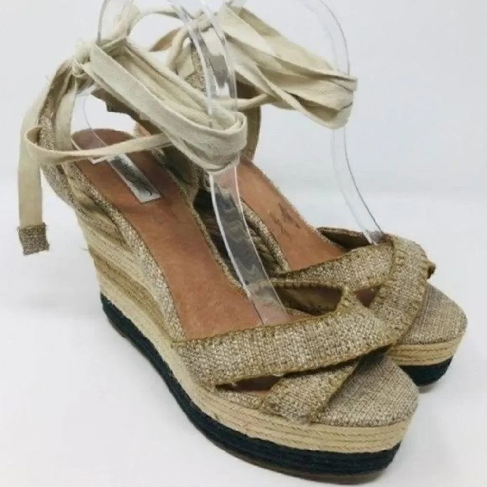 Halogen womans nude lace up Espadrille wedges sz 10 BoxP